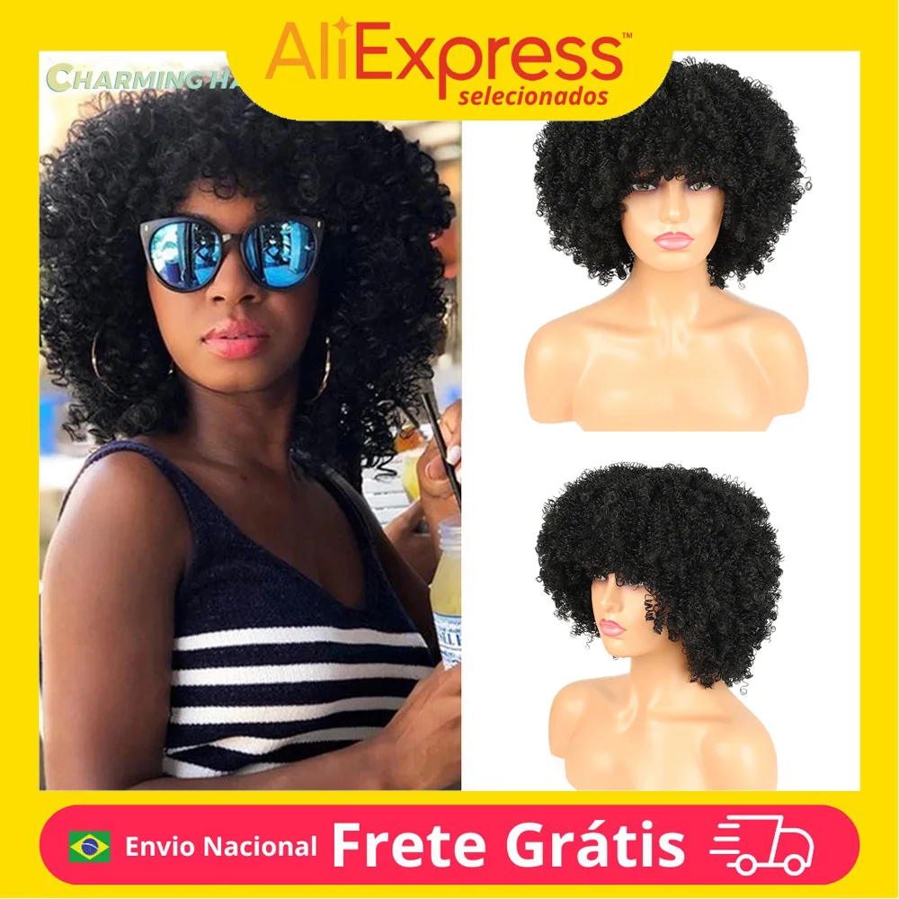 Peruca Feminina Cacheada Natural de Fibra Orgânica Premium, Totalmente Feita à Máquina, Afro Cacheada, com Malha Elástica, 25cm, 130g