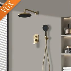 VGX Gold Concealed Shower System Bathroom Shower Faucet Set Embedded Cartridge Faucet Rainfall Shower Mixer Crane Grey Chrome