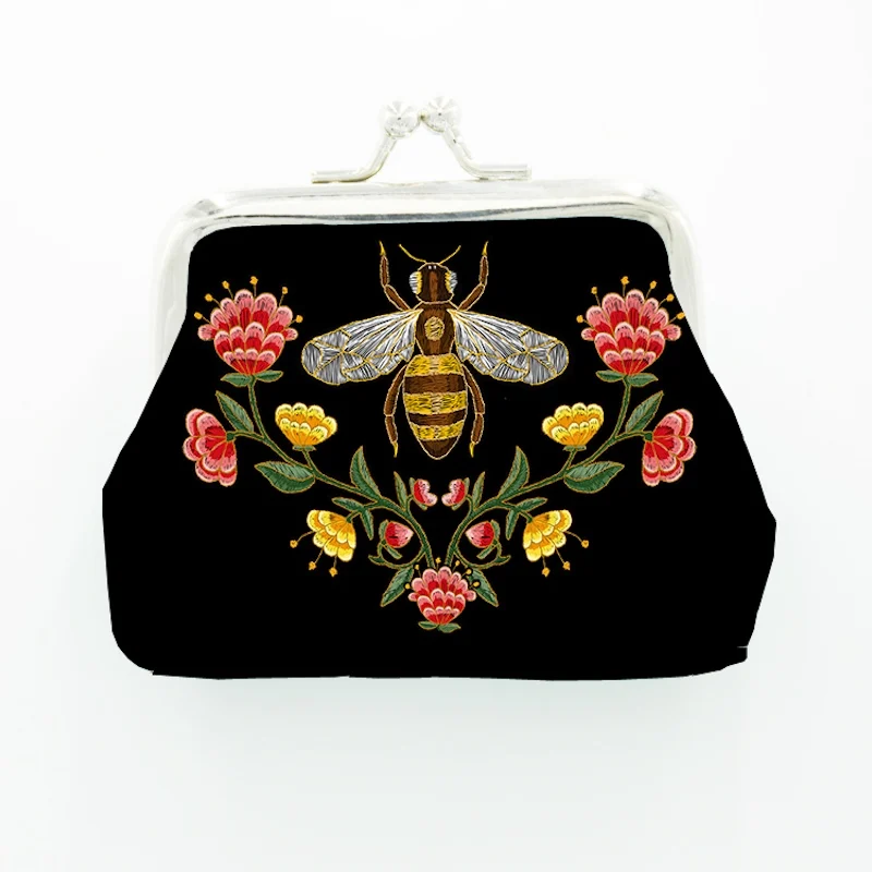 24 Buah/Lot Dompet Koin Lebah Bordir, Dompet Mini Kunci Ciuman Kulit PU, Desain Bunga Antik, Hadiah Butik, Logo Kustom, Teks