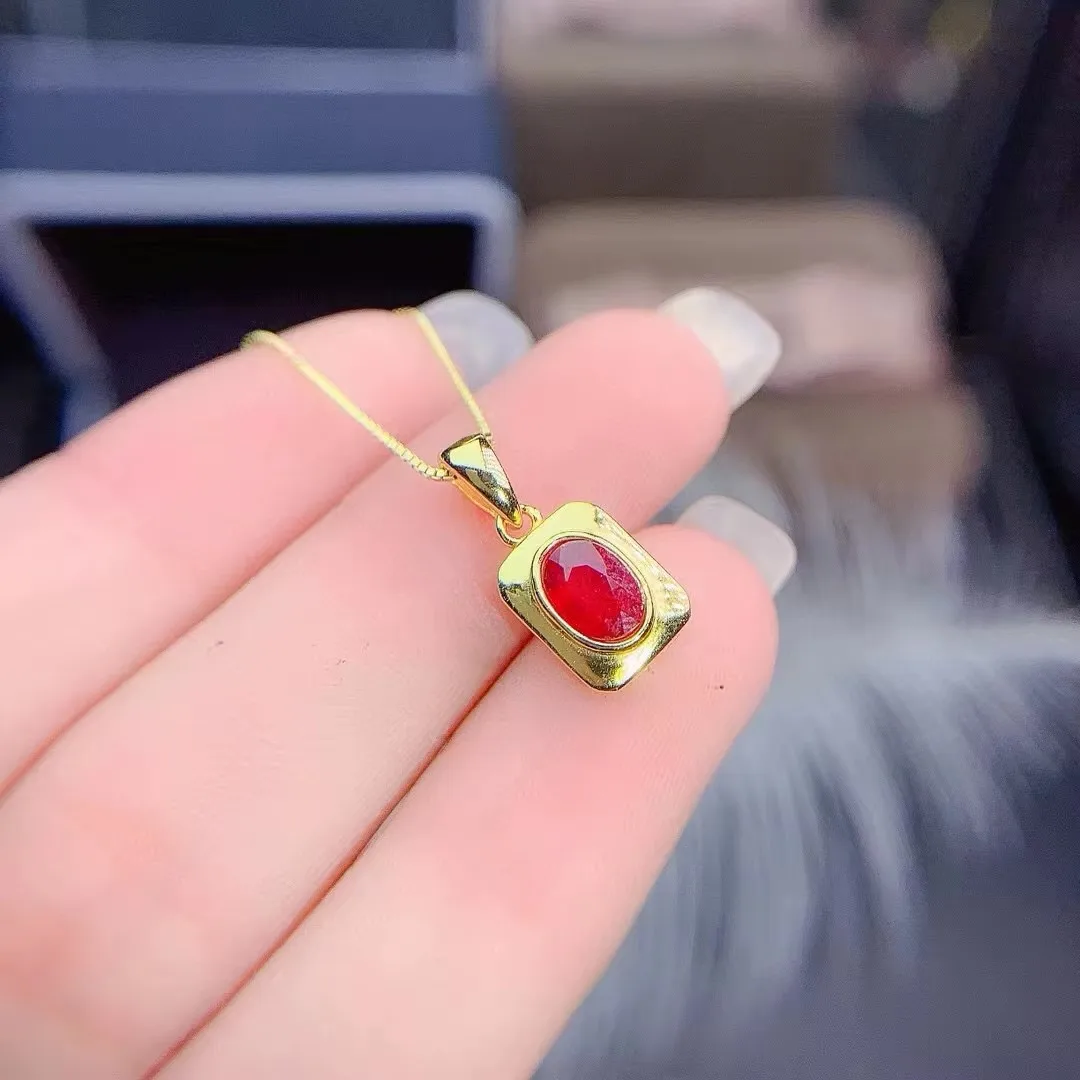 KJJEAXCMY Natural High Purity High-end Ruby Women's Necklace Ring Set S925 Pure Silver Electroplated Gold Gift for Girlfriend