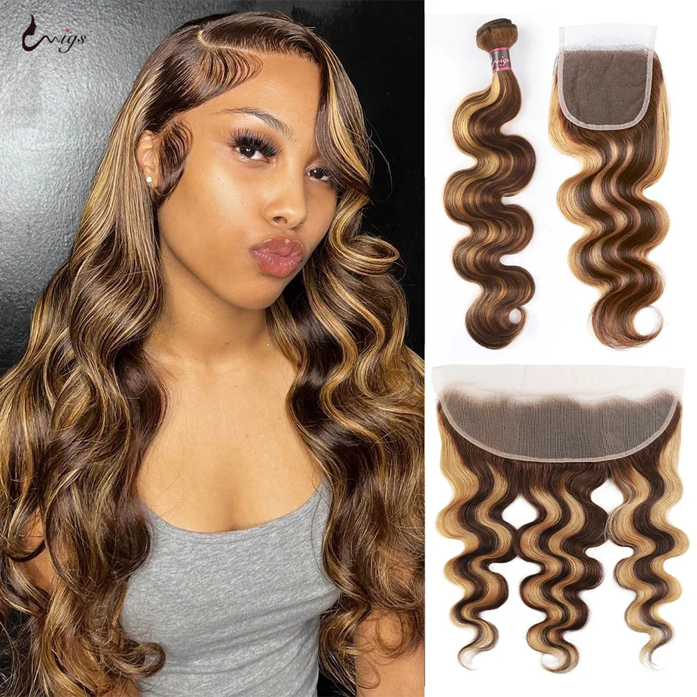 4/27 Highlight Human Hair Body Wave Bundles With 4x4 Closure Honey Blonde Brown Human Hair Bundles With 13x4 Frontal Body Wave