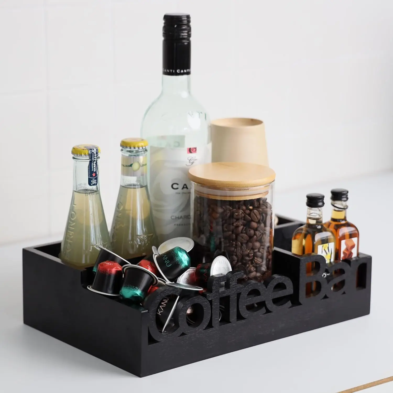 

Coffee Bar Organizer for Countertop – Wooden Coffee Caddy with Compartments for Pods, Creamer, Sugar Packets, and Accessories