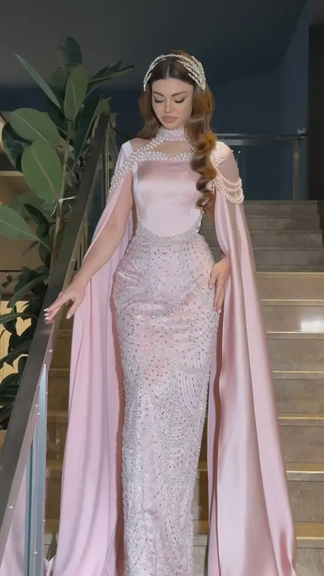 Sharon Said Elegantes Rosa Perlenbesetztes Meerjungfrauen-Abendkleid mit Cape-Ärmeln, Exquisite Details für Arabische Partykleider SS662 Maßanfertigung – Detail 6