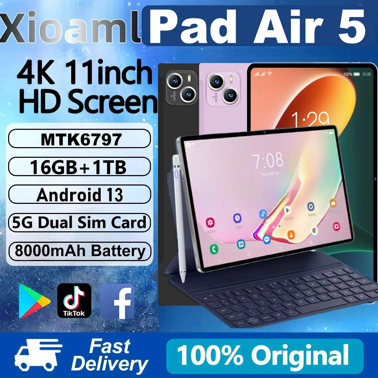 Nuovo 10.1 pollici Xioa Pad Air 5 Tablet PC Android 13 MTK6797 16GB + 1TB 8000mAh Dual SIM telefonata GPS WiFi Mi Tab