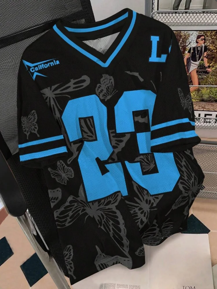 26 men Summer Butterfly No.23 Print T Shirt For Women V-Neck Mesh Hole Short Sleeve Football Jersey Y2K Loose Beach Women Tshirt