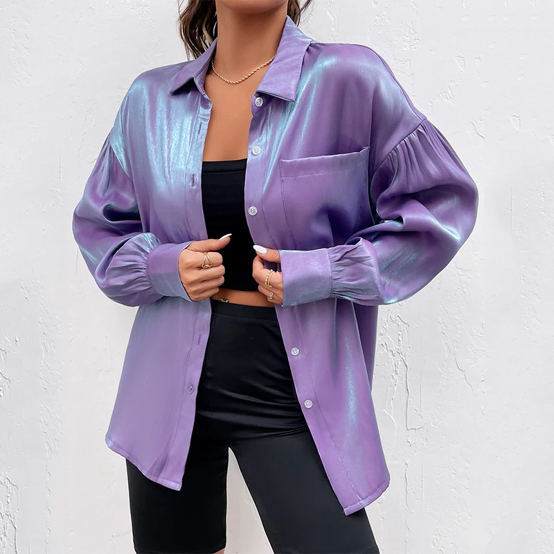 Elegant Chic Button Shirt Womans Clothing Solid Color Fluorescent Purple Tops Fashion Long Sleeves Loose Casual Polo Shirts