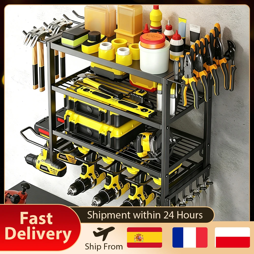 Organizzatore per utensili elettrici, scaffale metallico a 4 livelli da parete, robusto, per trapano a batteria, porta utensili, supporto per officina, per pannelli forati.