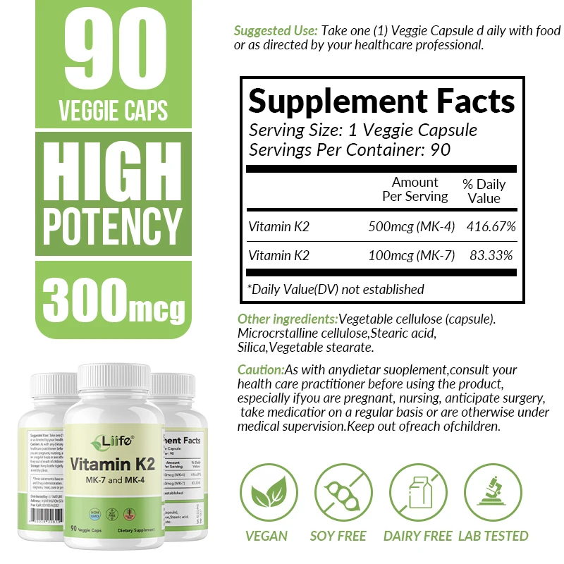 Liife Vitamin K2 Ergänzung-90 Kapseln, 600mcg mk7 & mk4, 90-Tage-Versorgung, unterstützt die allgemeine Gesundheit und Knochens tärke, Soja und g