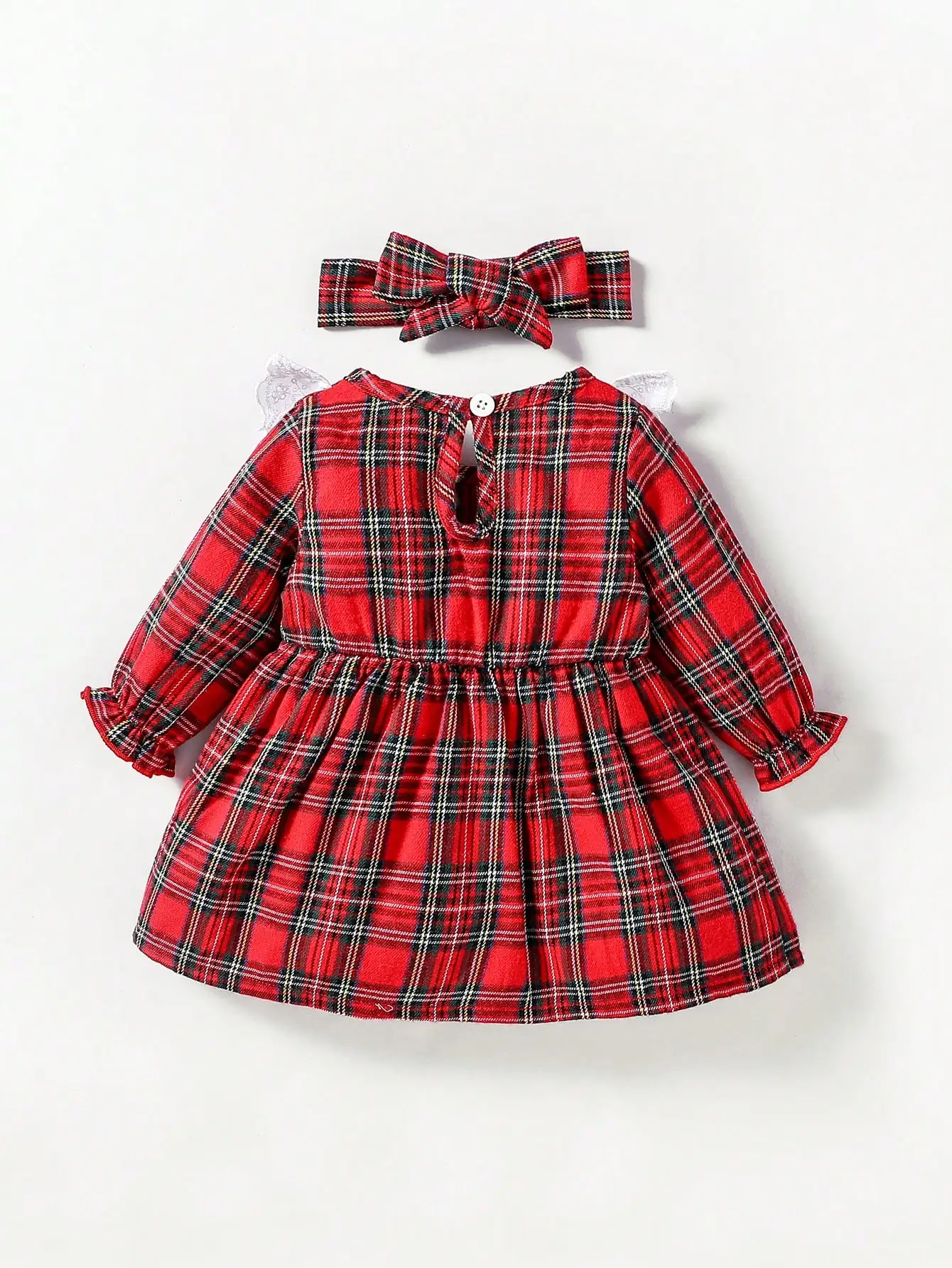 Newborn-9M Baby girl Red Spring /autumn round collar cute and fashionable plaid Honey dress+ Headband