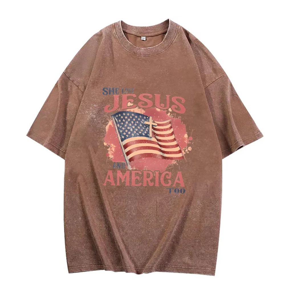 彼女はイエスとアメリカも愛しているクリスチャン Tシャツファッションカジュアルグラフィック Tシャツルーズ O ネック半袖 Tシャツ女性の Tシャツ