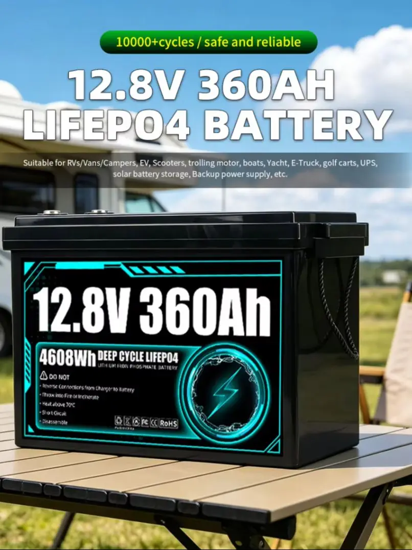 Hochwertige 12V 360Ah LiFePO4-Batterie mit hoher Kapazität, unterstützt 10.000 Tiefentladungzyklen, 12,8V wiederaufladbare Lithium-Eisenphosphat-Zellen für Solar-Heimenergiespeichersysteme, Wohnmobile
