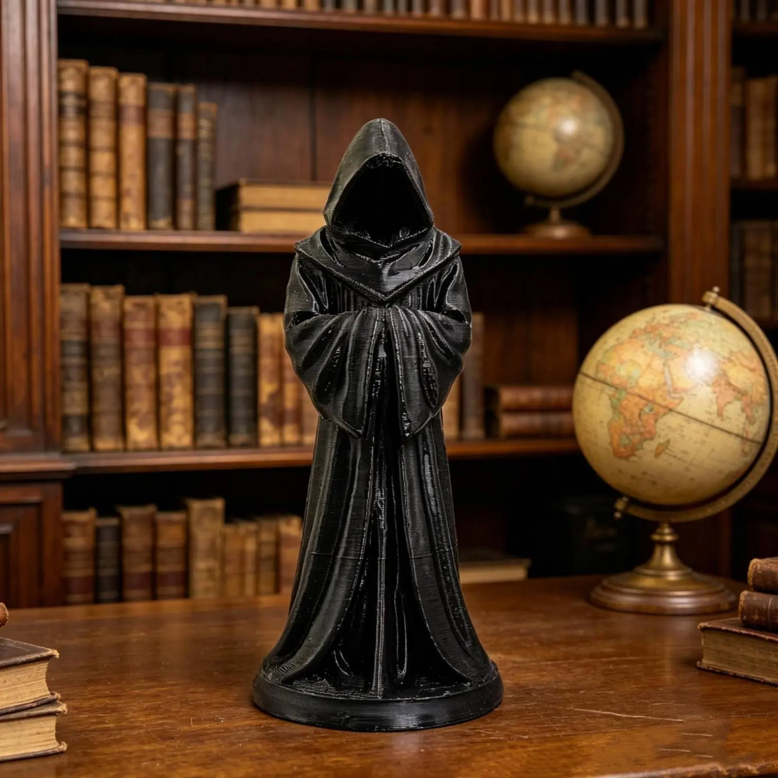 Reaper Figurine Enigmatic Look Hooded Reaper Statue Dark Theme Black Cloaked Attire Decoration for Shelf, Office