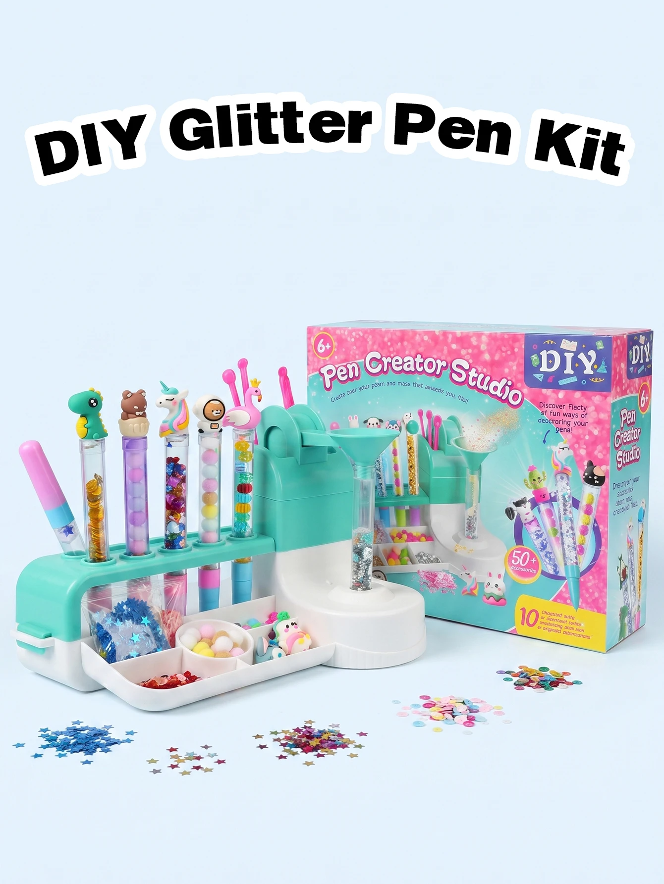 DIY Glitter Pen Kit, Children Pen Creator Studio Toy, Handmade Liquid Floating Sequin Pens Making Set with Cute Cartoon Tops, Ar