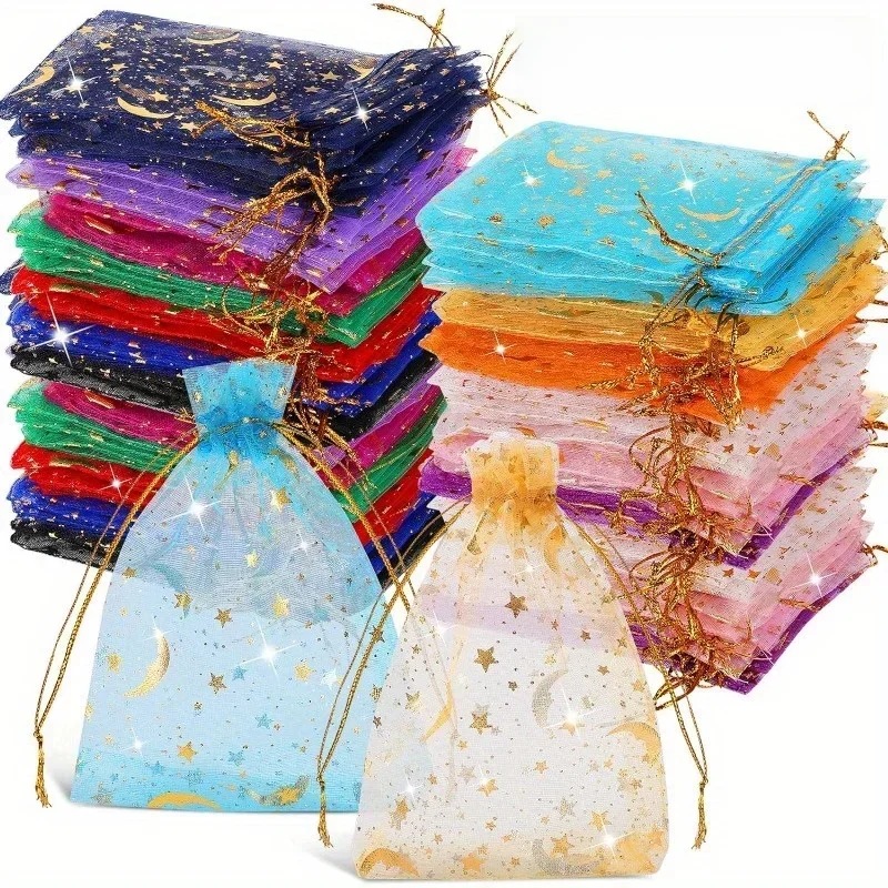Lua e Estrelas Cordão Sacos De Organza, Bolsas De Presente De Jóias, Estrela Dourada, Bolsas De