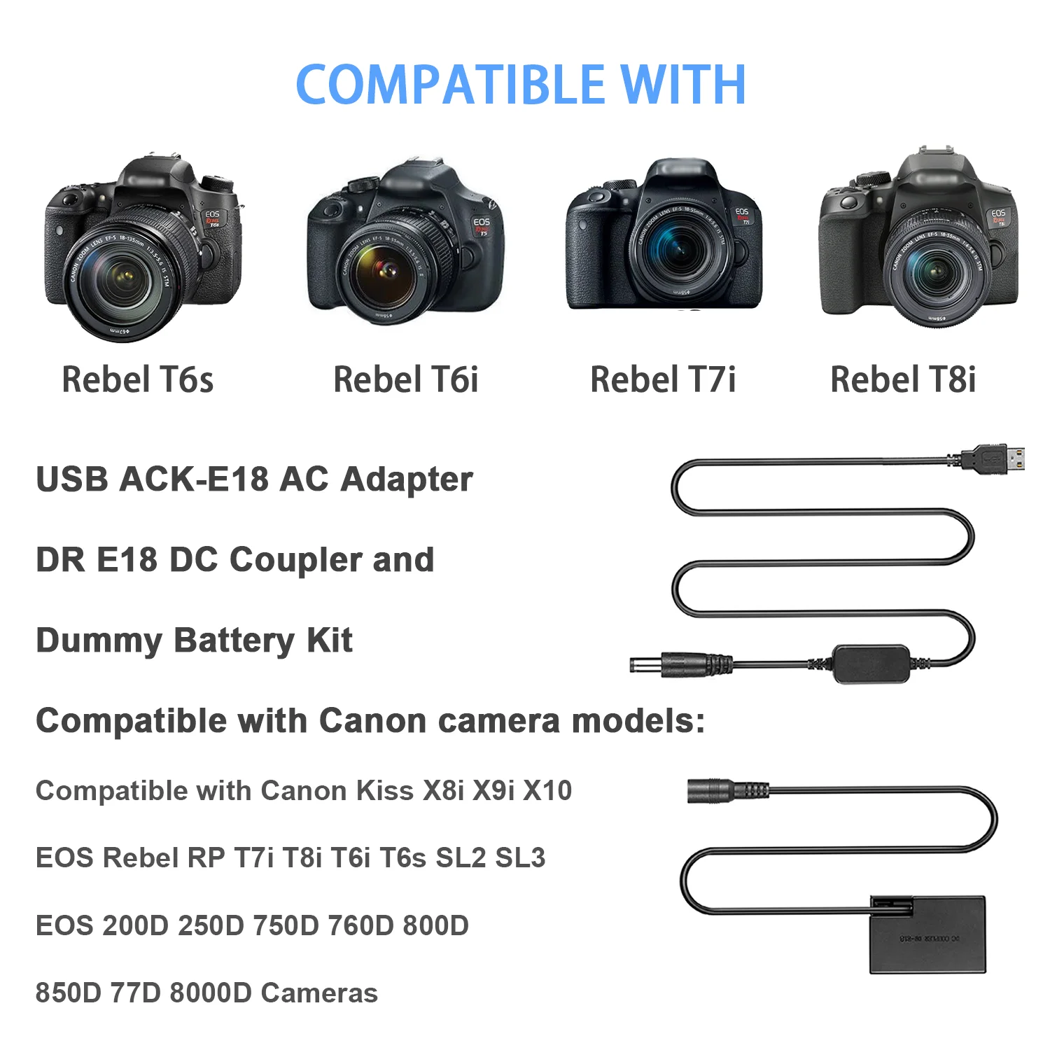 KUTOU ładowarka DR-E18 imitacja baterii przewód zasilający USB zestaw do wymiany ACK-E18 AC Adapter do canona Rebel T7i SL2 EOS 200D 750D