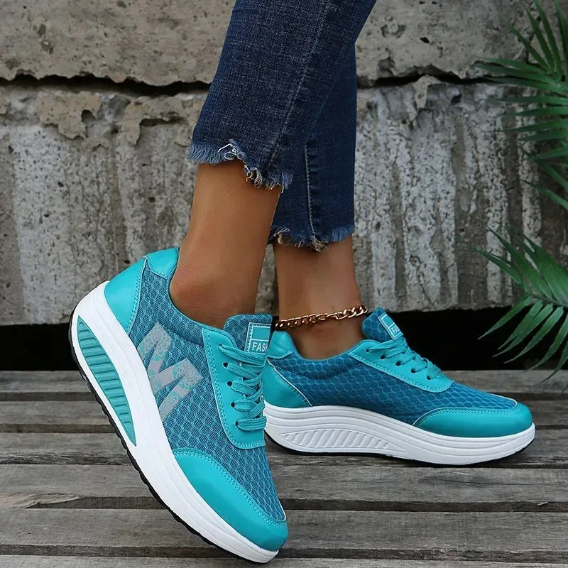 Summer Flat Female Tennis Shoes Wedge Hollowed Out Slip-on Mesh Platform Vulcanization Shoes Breathable Lightweigt Sneakers