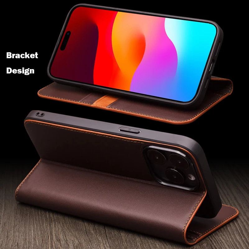 QIALINO Genuine Leather Flip Case for iPhone15 Plus Bracket Handmade Business Cover with Card Slots for iPhone15 Pro Max/15 Pro