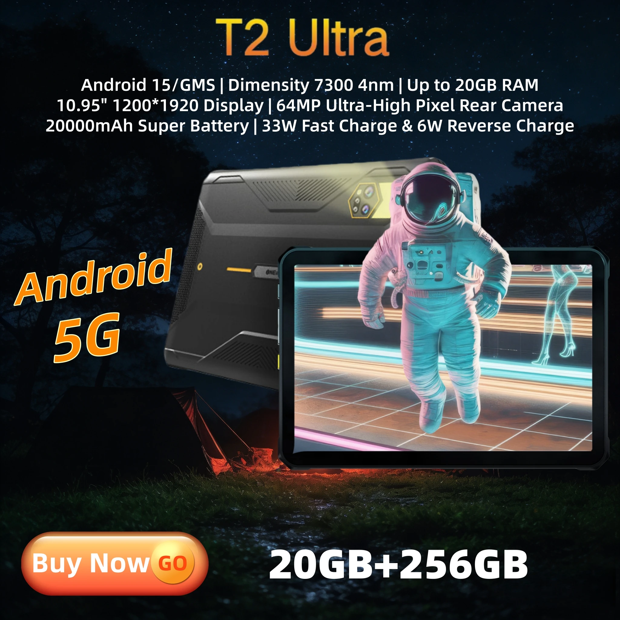 ONERugged Rugged Tablet T2 Ultra, 10.95“ Android 15 5G Tablet Phone 20000mAh 66W with 12GB 256GB/64MP Camera/Camping Light