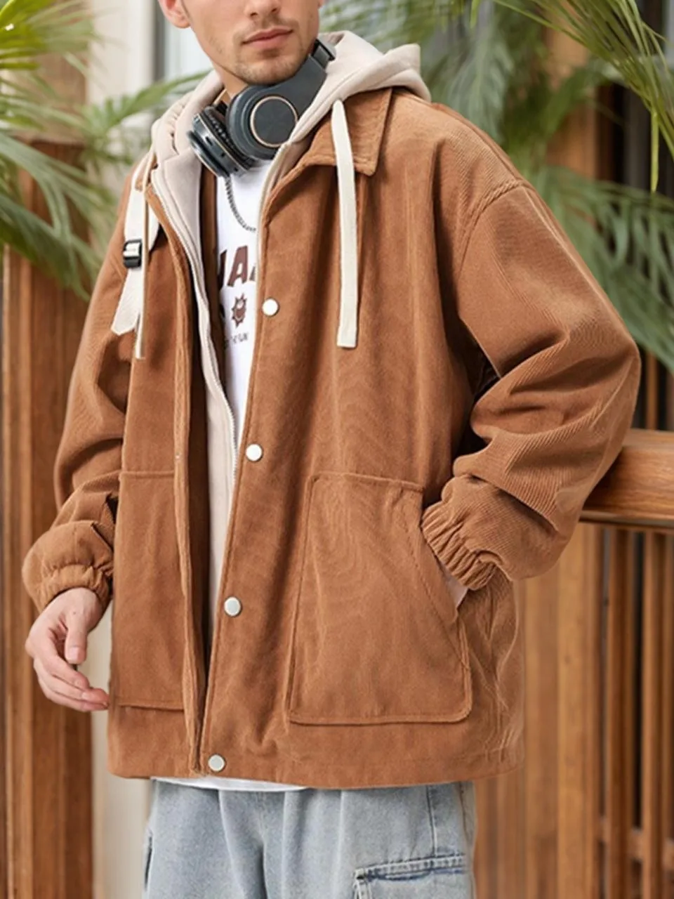 Men's Corduroy Hooded Jacket - Thickened Hong Kong Style Faux Layer Sweatshirt Jacket for Fall and Winter, Coffee Color, Stylish