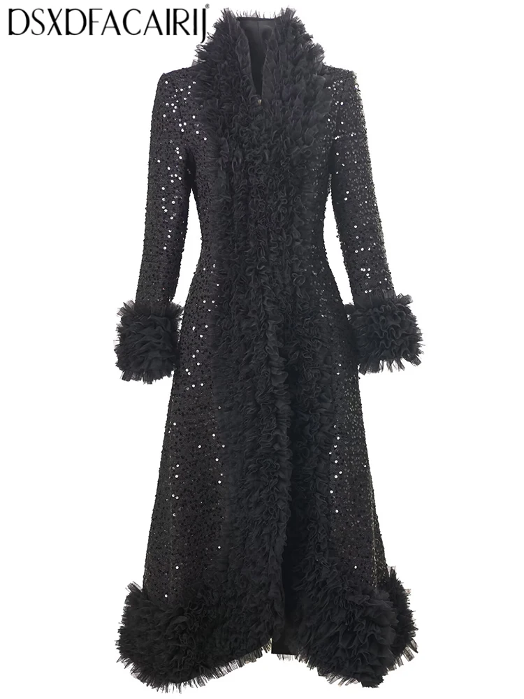 DSXDFACAIRIJ Women's V-Neck Long Sleeves Single Breasted Sequins Flounced edge Winter High Street Solid Exquisite Overcoat