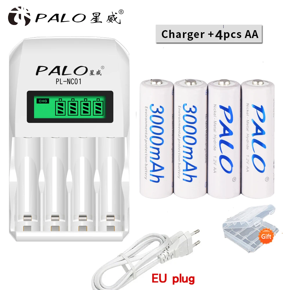 PALO 1.2V AA Rechargeable Battery 3000mAh nimh AA Battery 2A Bateria Baterias with Smart LCD Rechargeable AA AAA Battery Charger