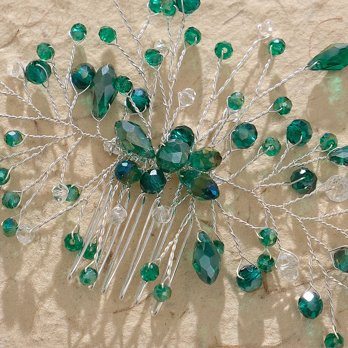 Emerald Green Crystal Wedding Hair Comb Silver Hand-wired Bridal Headpiece Vintage Hair Accessories for Women Prom Party image 5