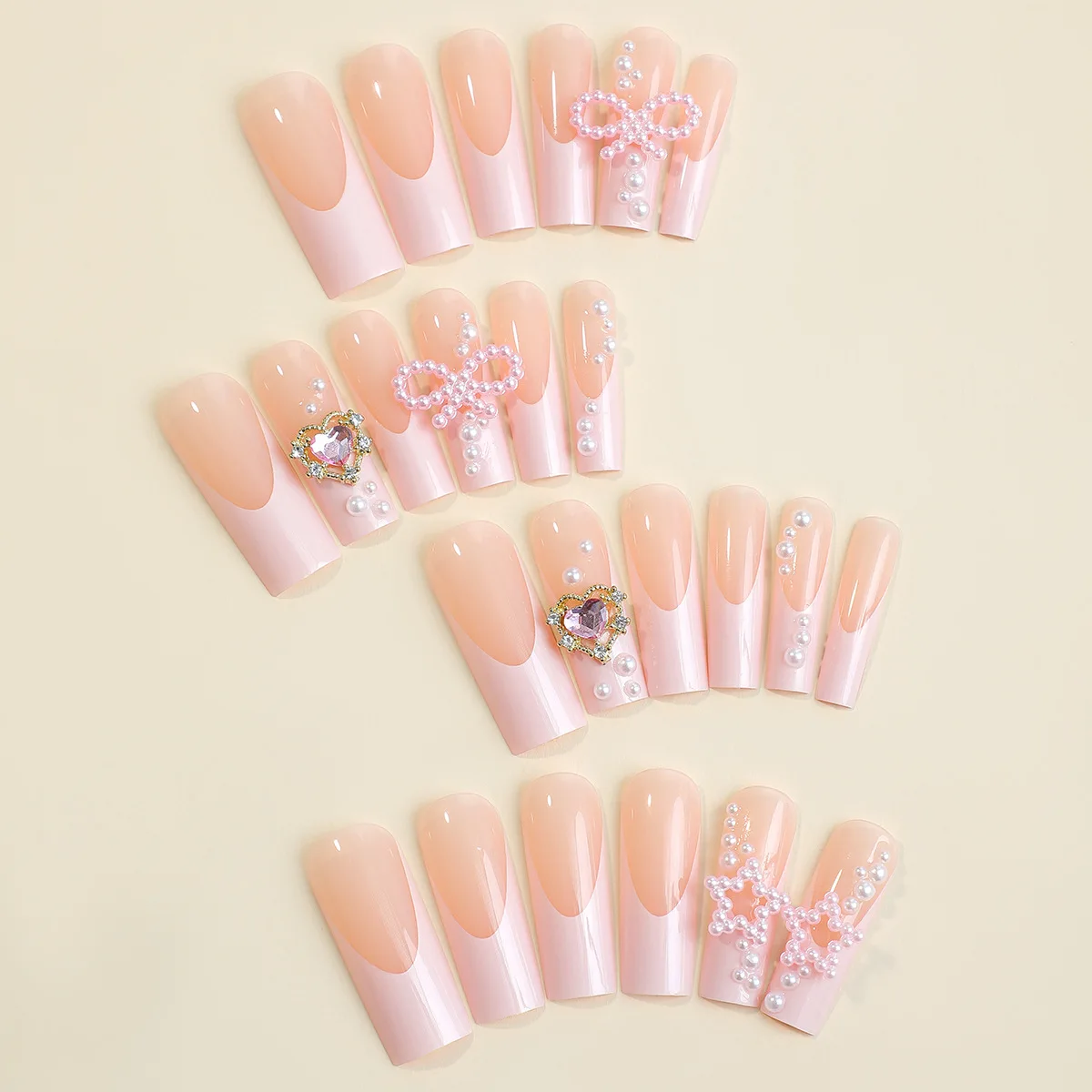 24Pcs Pink Water Pipe Cute Sweet Diamond Style French False Nails Pearl Bow Wearable Fake Nail Press On Nail Long Coffin