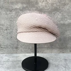 New Women Summer Hats Newsboy Cap Ladies Fansinator Pearls Veil Straw Hat Sloping Brim Visor Cap Cabbie Beret Girls Paperboy Cap