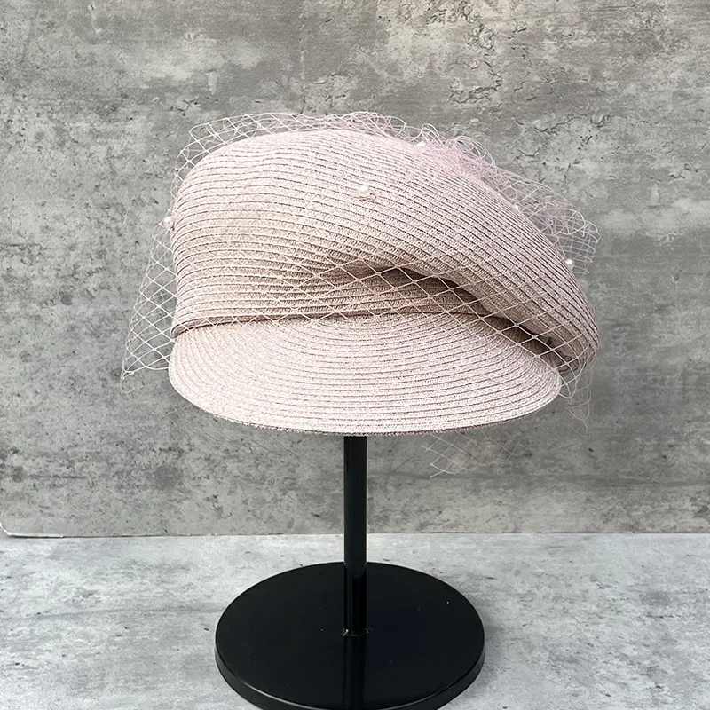 New Women Summer Hats Newsboy Cap Ladies Fansinator Pearls Veil Straw Hat Sloping Brim Visor Cap Cabbie Beret Girls Paperboy Cap