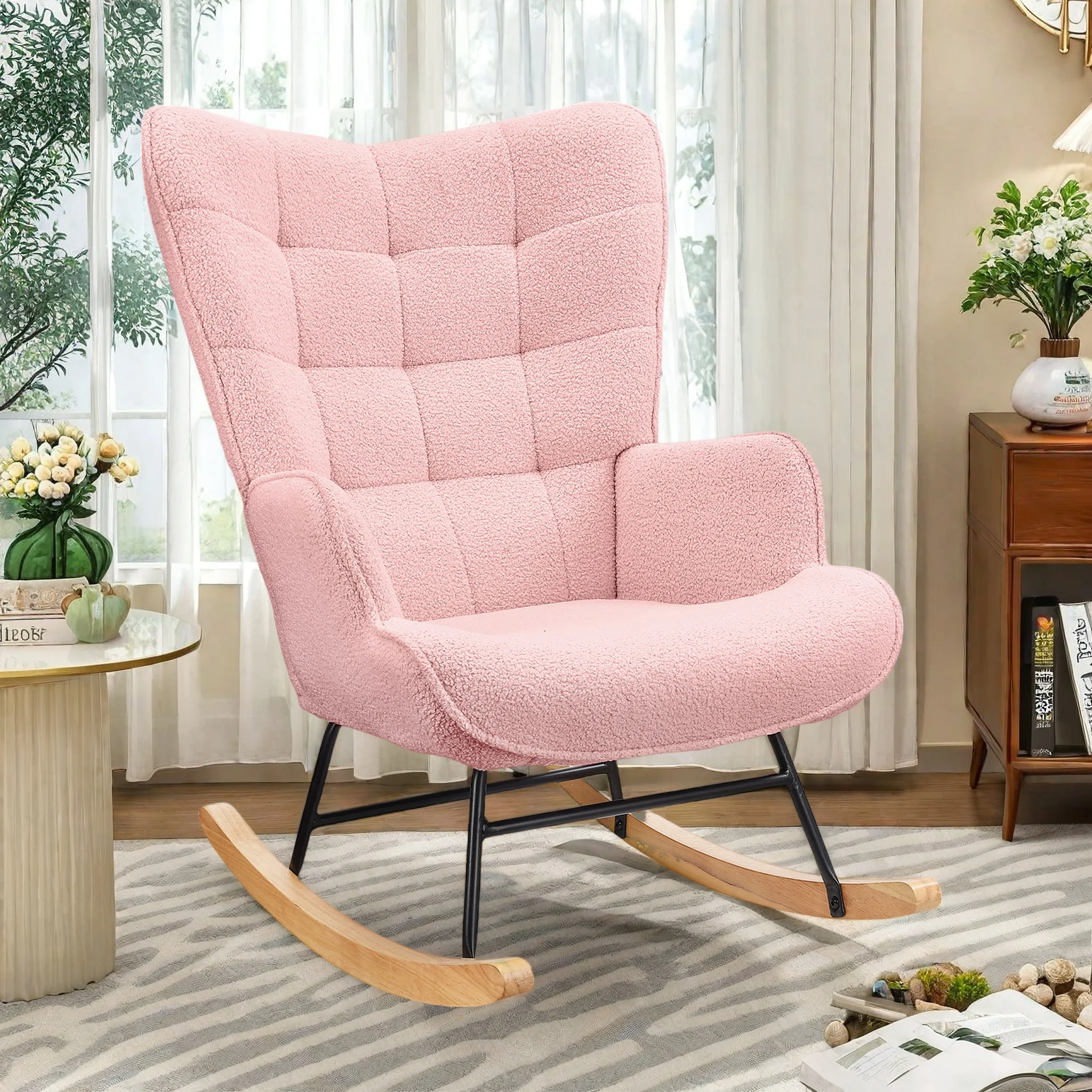 Sillón Reclinable Superaly, Silla de Descanso con Reposabrazos de Madera para Dormitorio y Balcón, Tela de Terciopelo Teddy, Rosa