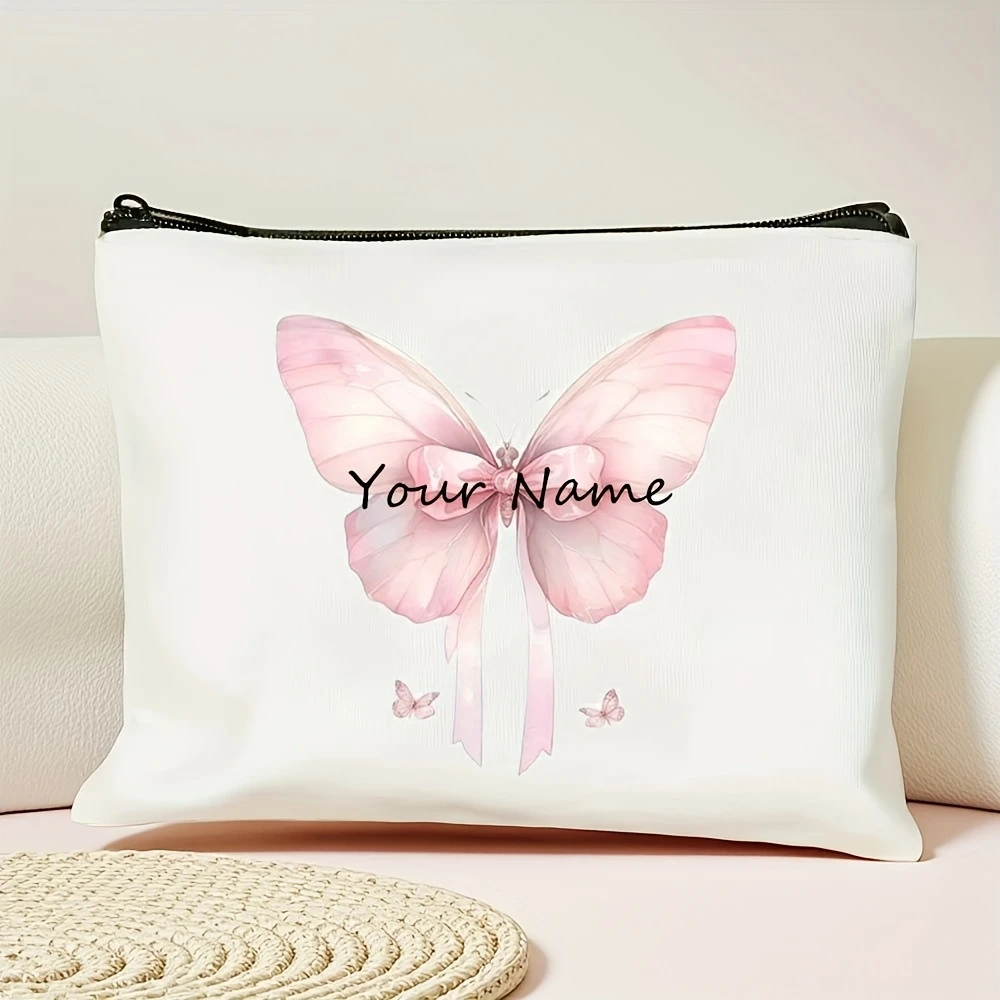 Custom Name Bow Heart Peach Blossom Cosmetic Bag Odorless Light Zipper Travel Toiletry Pouch Unisex Holiday Gift
