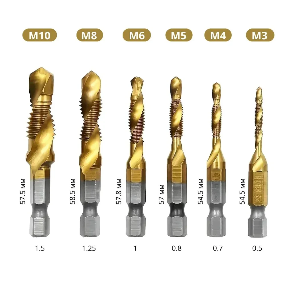 Tap Drill Bits Set Titanium Plated Hex Shank HSS Countersink Thread Metric Screw Machine Compound M3-M10 Coated Drill Hex Shank