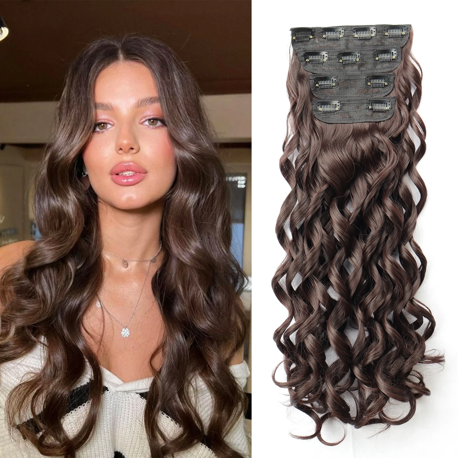 Synthetic 20 Inch  Long Bouncy Curly Clip In Hair Extensions 4pcs/set Black Brown Fake Hair Hair Accessories Suitable For Women