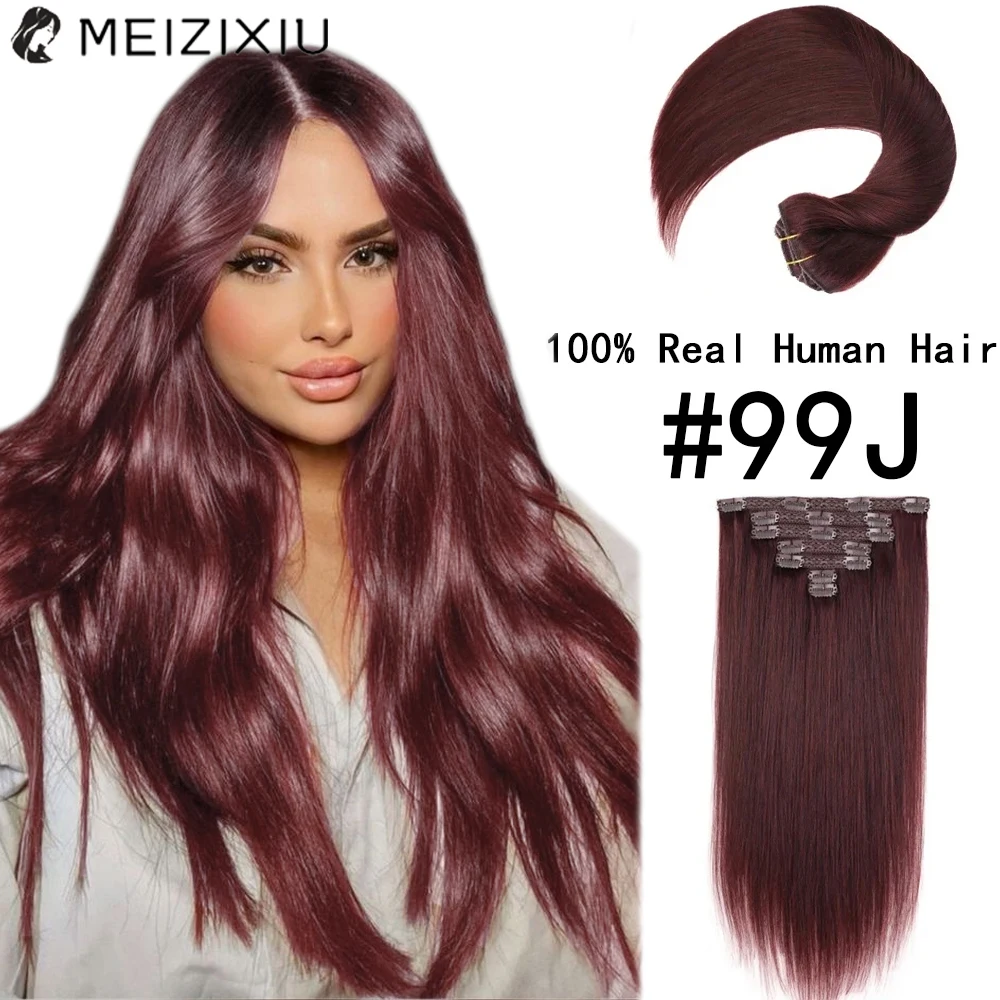 Clip In Human Hair Extensions Burgundy Straight Add Hair Natural Hair Women 18Inch Seamless Clip In Real Human Hair Extensions