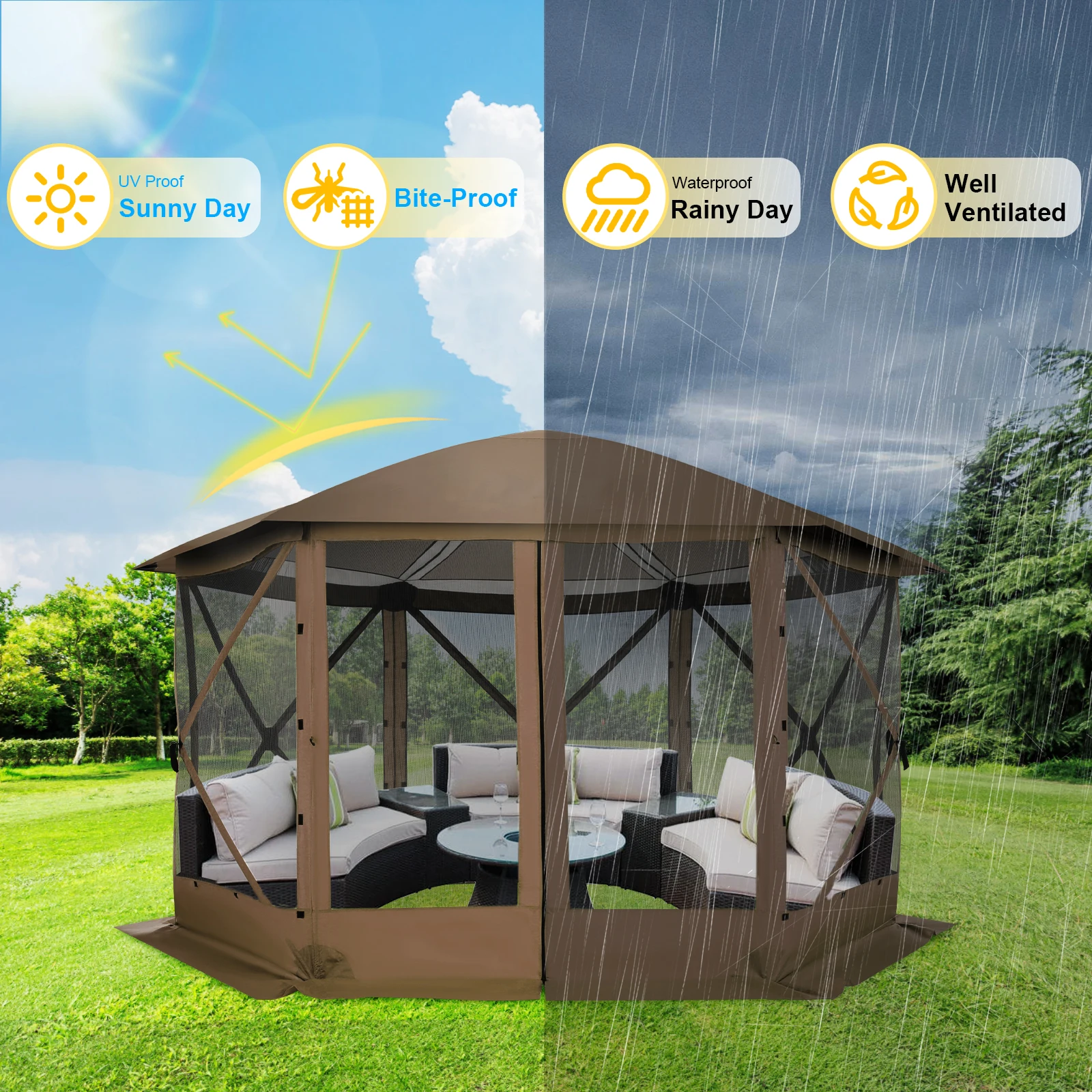 خيمة منزلية بشاشة منبثقة 12 × 12 قدم للتخييم، مظلة شرفة مراقبة النجوم الفورية في الهواء الطلق مع مظلة، شبكة البعوض