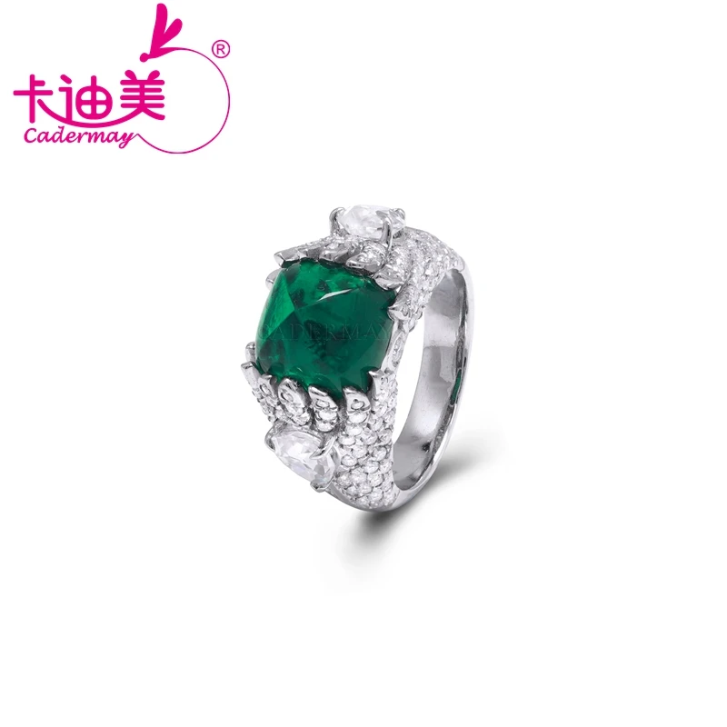 

CADERMAY S925 Silver High Quality Lab Grown Muzo Green Emerald Rings Cushion Shape 10x10MM For Women Christmas Jewelry