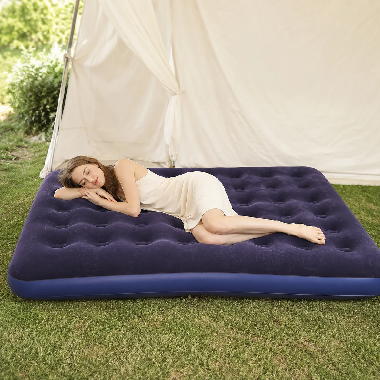 Inflatable Air Mattress Double Size Camping Bed with Flocked Surface Portable Blow Up Mattress Outdoor Guest Sleeping Bed