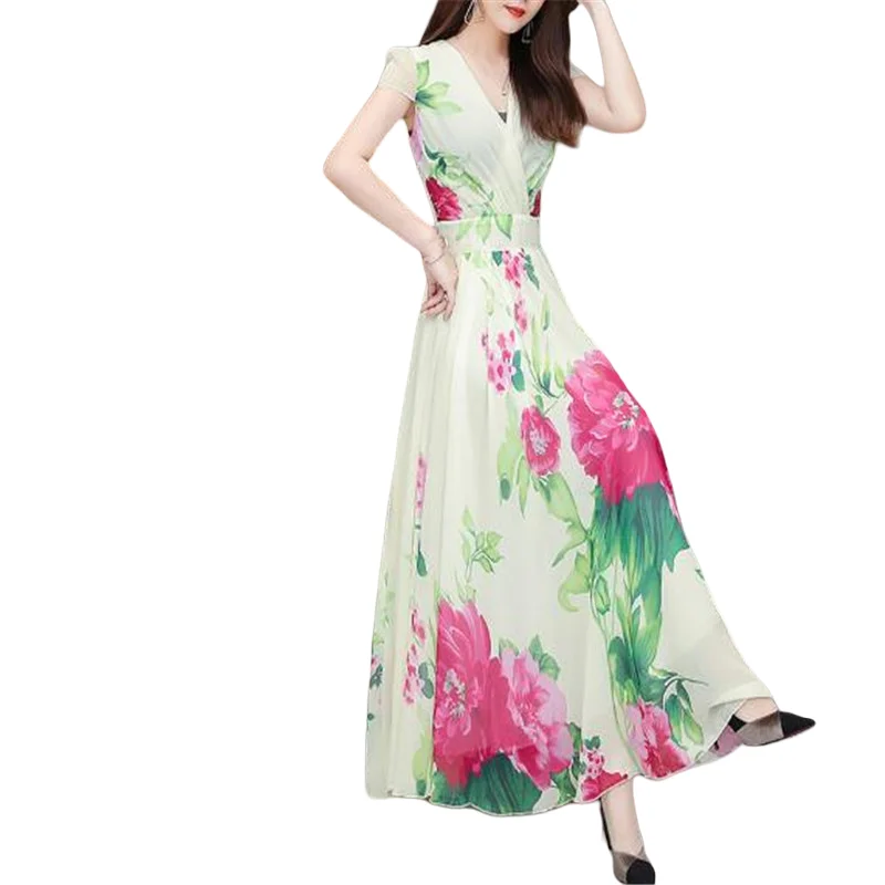 V-neck 3XL Plus Size sleeveless Dresses summer new printed dress temperament elegant chiffon beach Mid calf dress