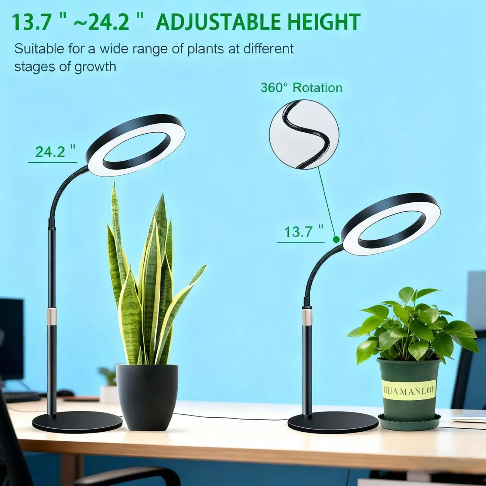 أضواء تنمو للنباتات الداخلية، 60 مصباح نباتي مكتبي كامل الطيف LED مع مؤقت لـ 3/9/12 ساعة، 10 مستويات قابلة للتعتيم، ارتفاع قابل للتعديل