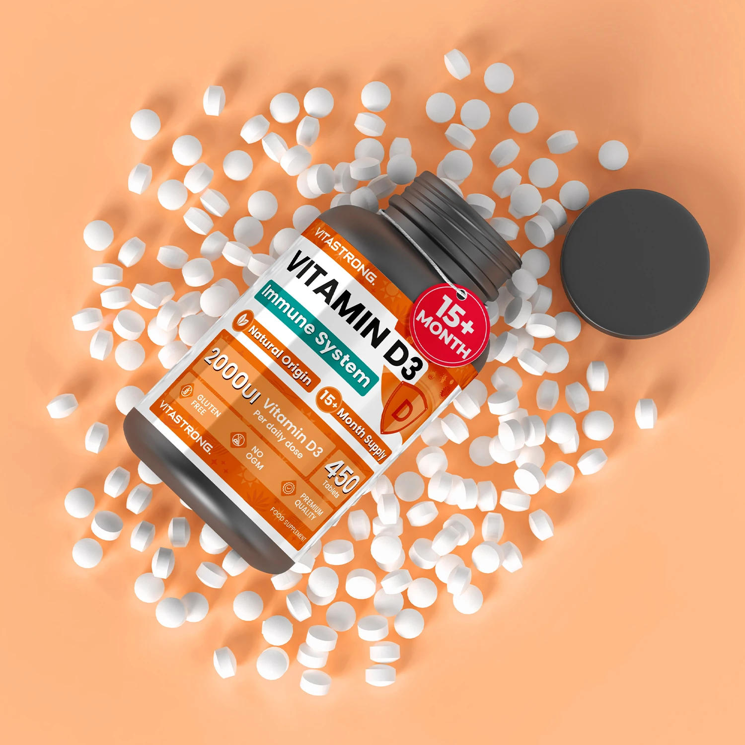 فيتامين د3 2000 وحدة دولية 50 مللي جرام جرعة عالية، 1 يومًا، 450 قرصًا د3 فيتامين كولكالسيفرول (15 + شهرًا)، الجهاز المناعي، العظام، المتانة، العضلات، مكمل فيتامين د عالي الجودة #7