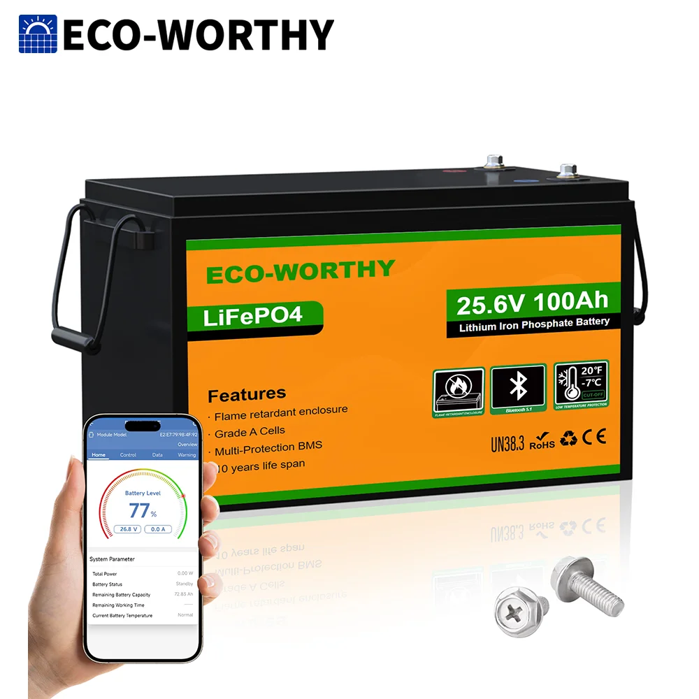 ECO-WORTHY 2,56kWh 24V 100Ah LiFePO4 Batterie mit Bluetooth für Niedrigtemperaturbetrieb, geeignet für Haus und Wohnmobil