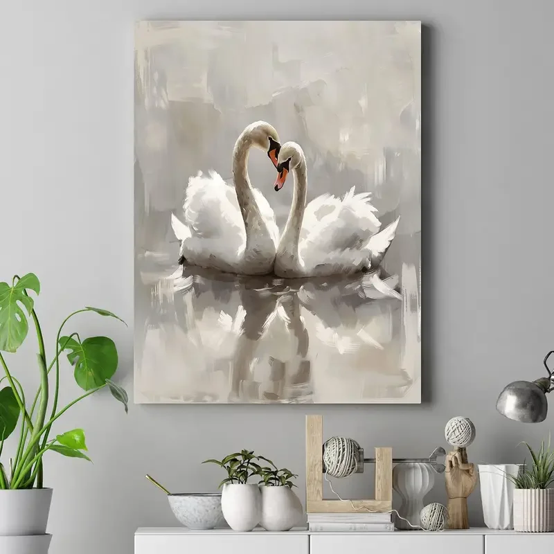 Ink Art Print of Swans in Love - Art Deco Wall Hanging Decor, Waterproof Canvas  Solid Pattern Landscape Artwork for Home Office