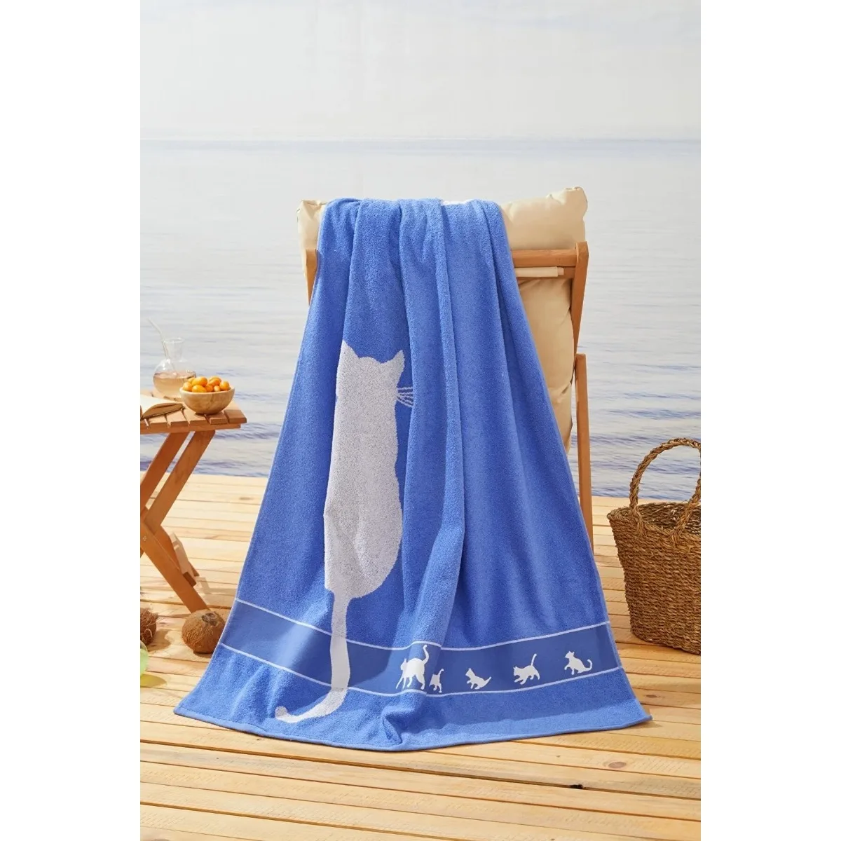 

Blue Bath Towel 100% Cotton Cat Pattern 100X150 Cm Size Beach Pool Swimming Dries Easily Water Absorbent Bathrobe Towel Sets