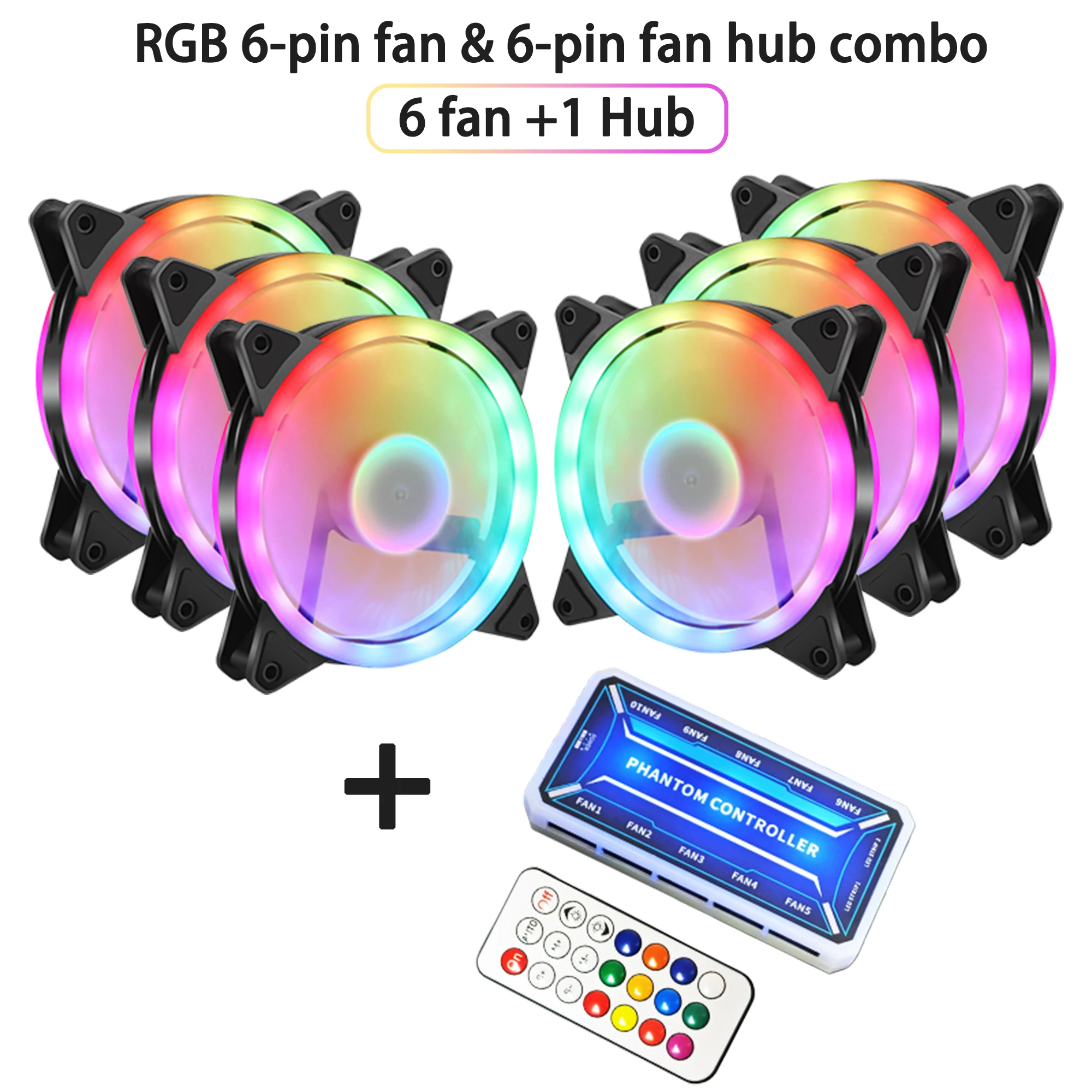 3/6+1-Piece Combo Package: 6-Pin RGB Case Fan+6-Pin Fan Hub, 12cm Silent Fan Hub with Remote Control-Forward Fan-Without Battery
