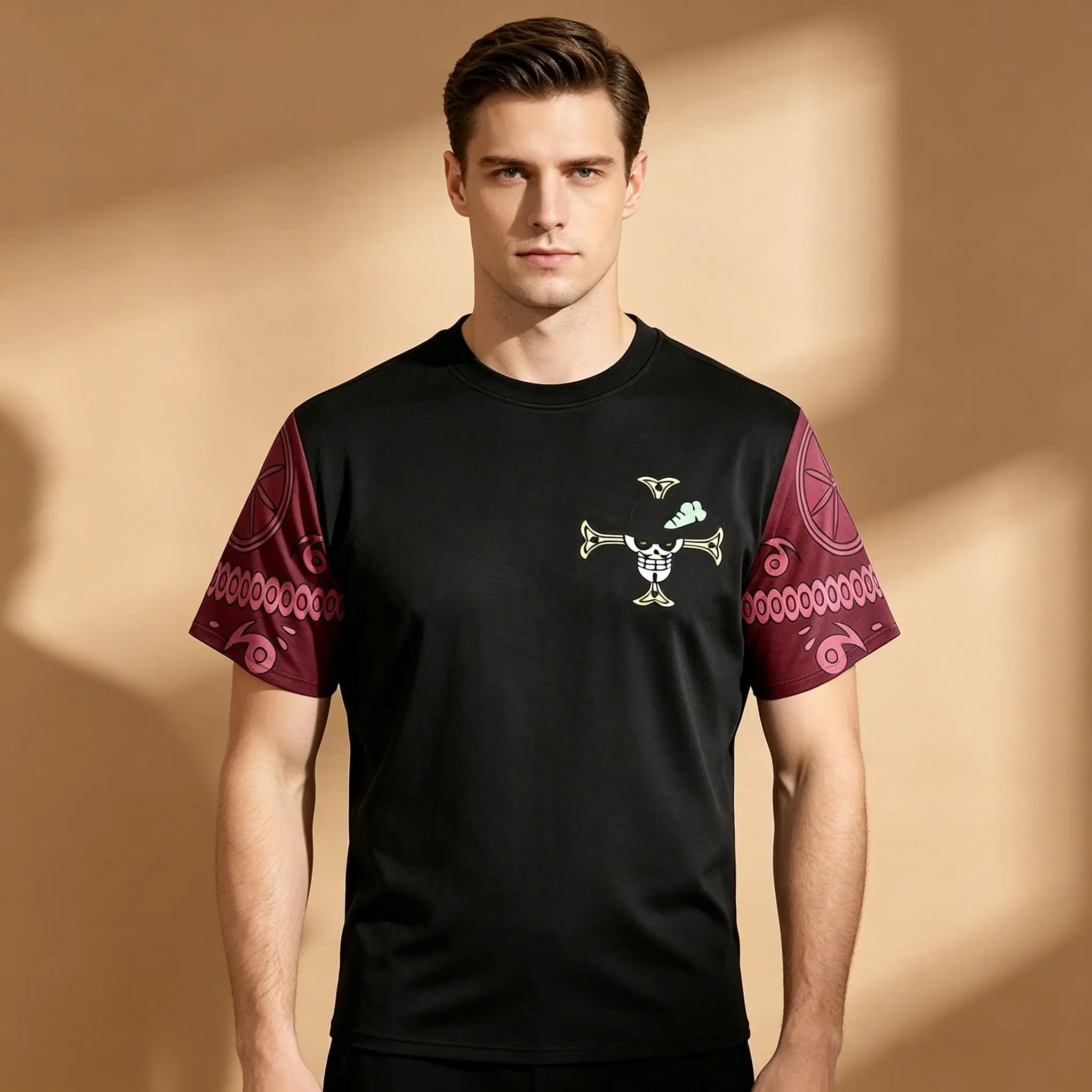 Men's One Piece Ace Skull Split Sleeve T-Shirt, Black Burgundy Anime Double Sided Graphic Casual Short Sleeve Tee