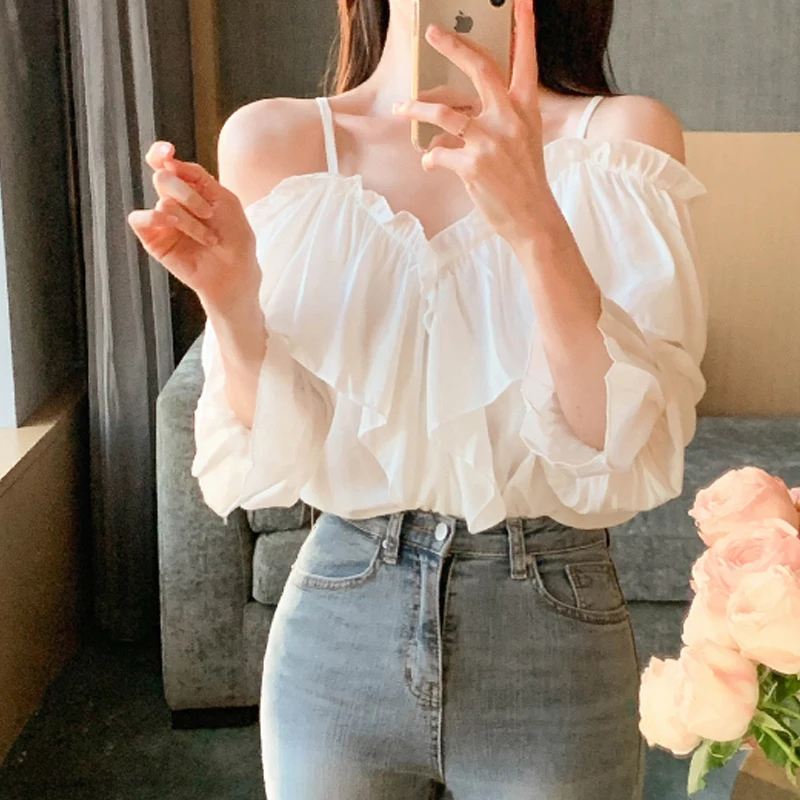 Korean Style V-neck Shirt Ring Frill Off Shoulder Strap Blouses