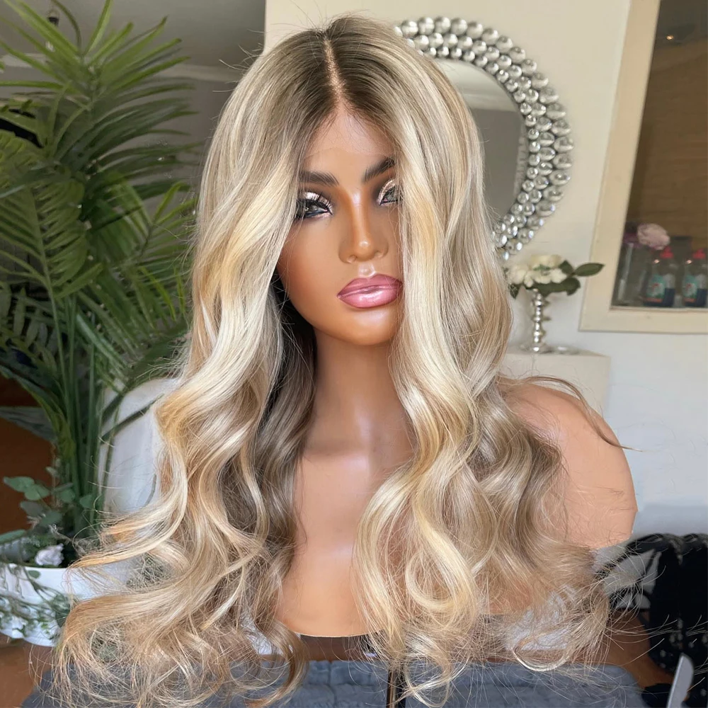 22” Blonde Light Ash Brown Roots Melting Wig Wavy Full Lace Wig 100% Virgin Human Hair Wig 200 Density HD 13x6 Lace Front Wig