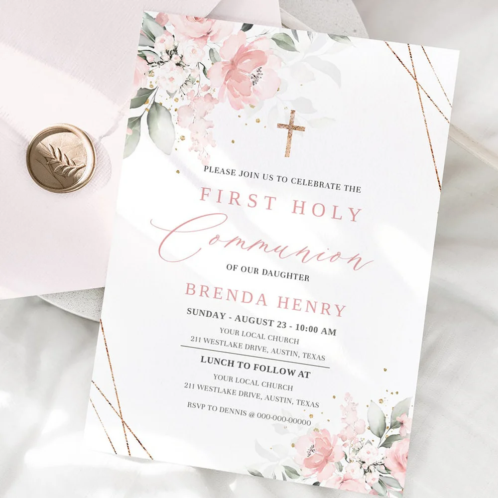 Personalized Pink First Holy Communion Invitation Card, Pink Watercolor Communion Invite, Customized