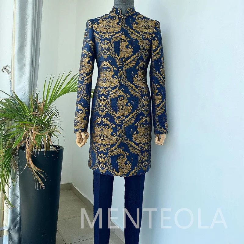 Traje largo de Jacquard para hombre, abrigo de cuello levantado, esmoquin de boda para novio, chaqueta Floral con pantalones, moda masculina