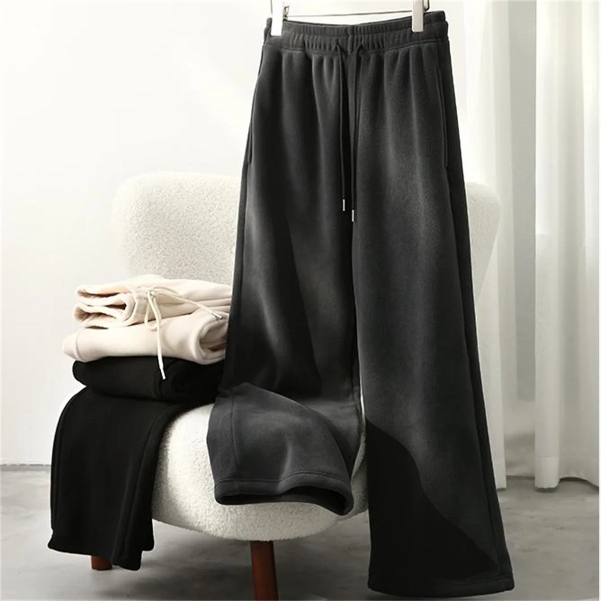 Y2k Casual Wide Leg Jogging Pants Double-sided Fleece Solid Drawstring High Waist Baggy Straight Pants Autumn Winter Sweatpant